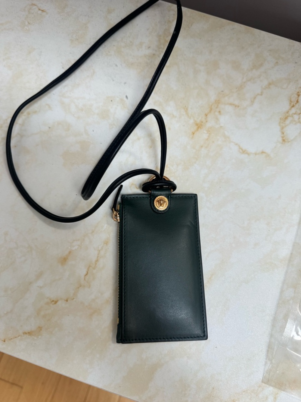 Dark Green Leather Crossbody Card Holder with Gold Button